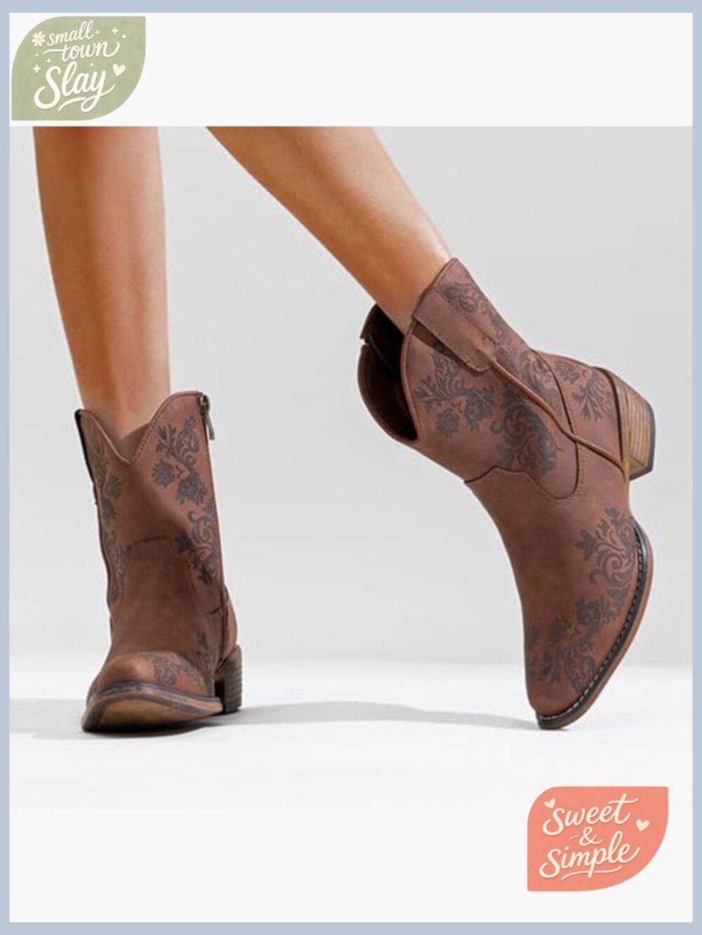 Western Cowboy Ankle Booties Square Toe Low Heel Zipper Comfort - Picture 2 of 7